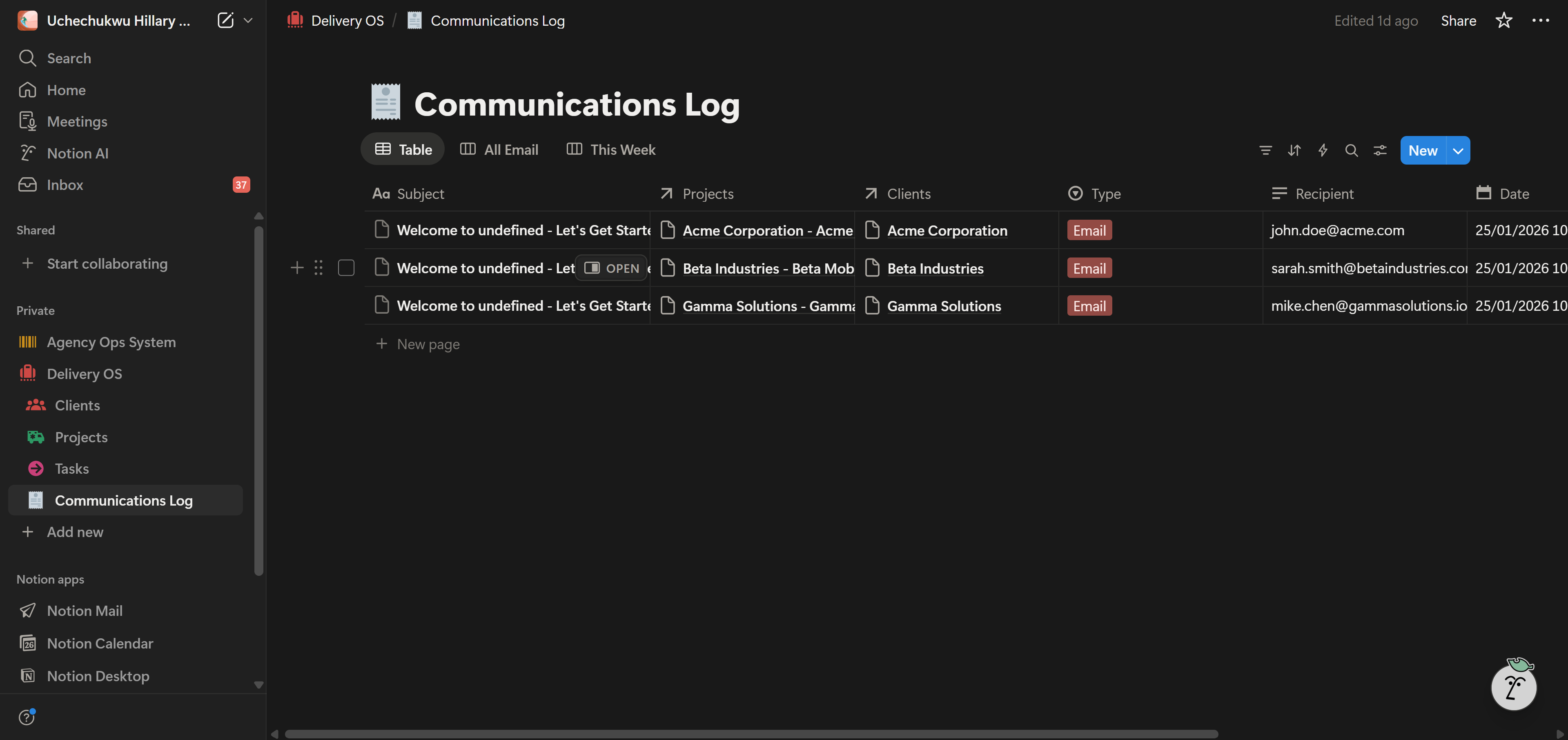 Notion Communications Log database