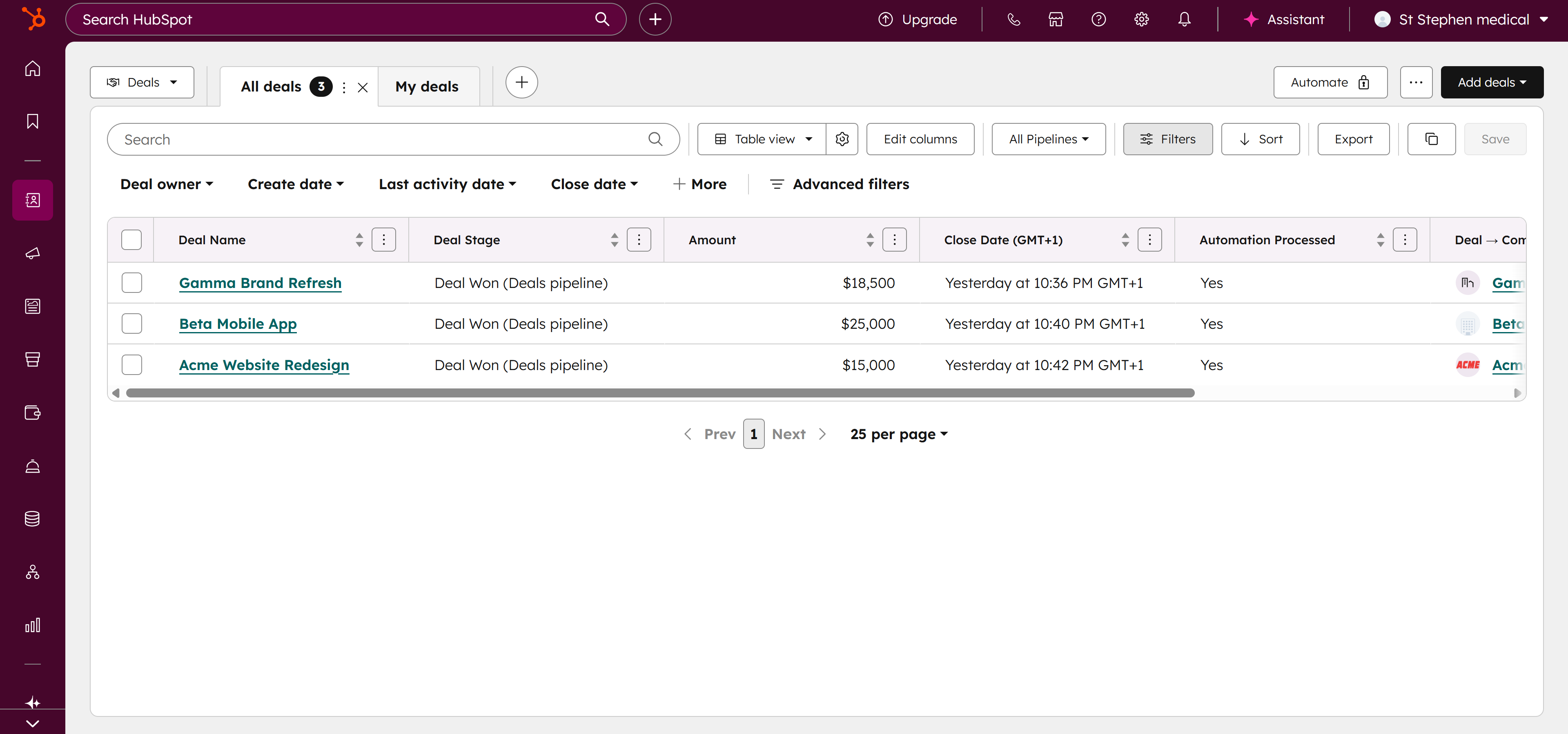HubSpot Deals view showing Closed Won deals