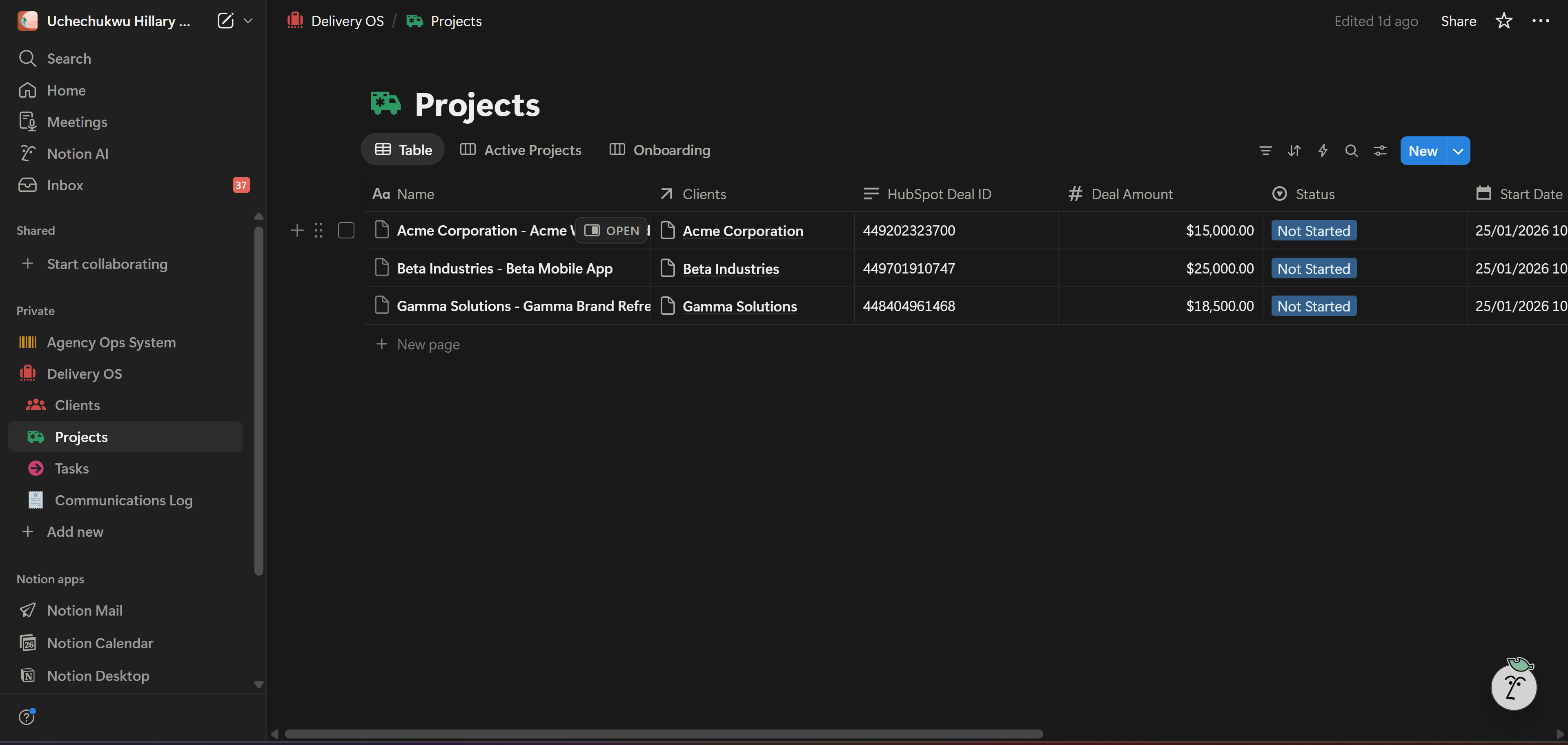 Notion Projects database