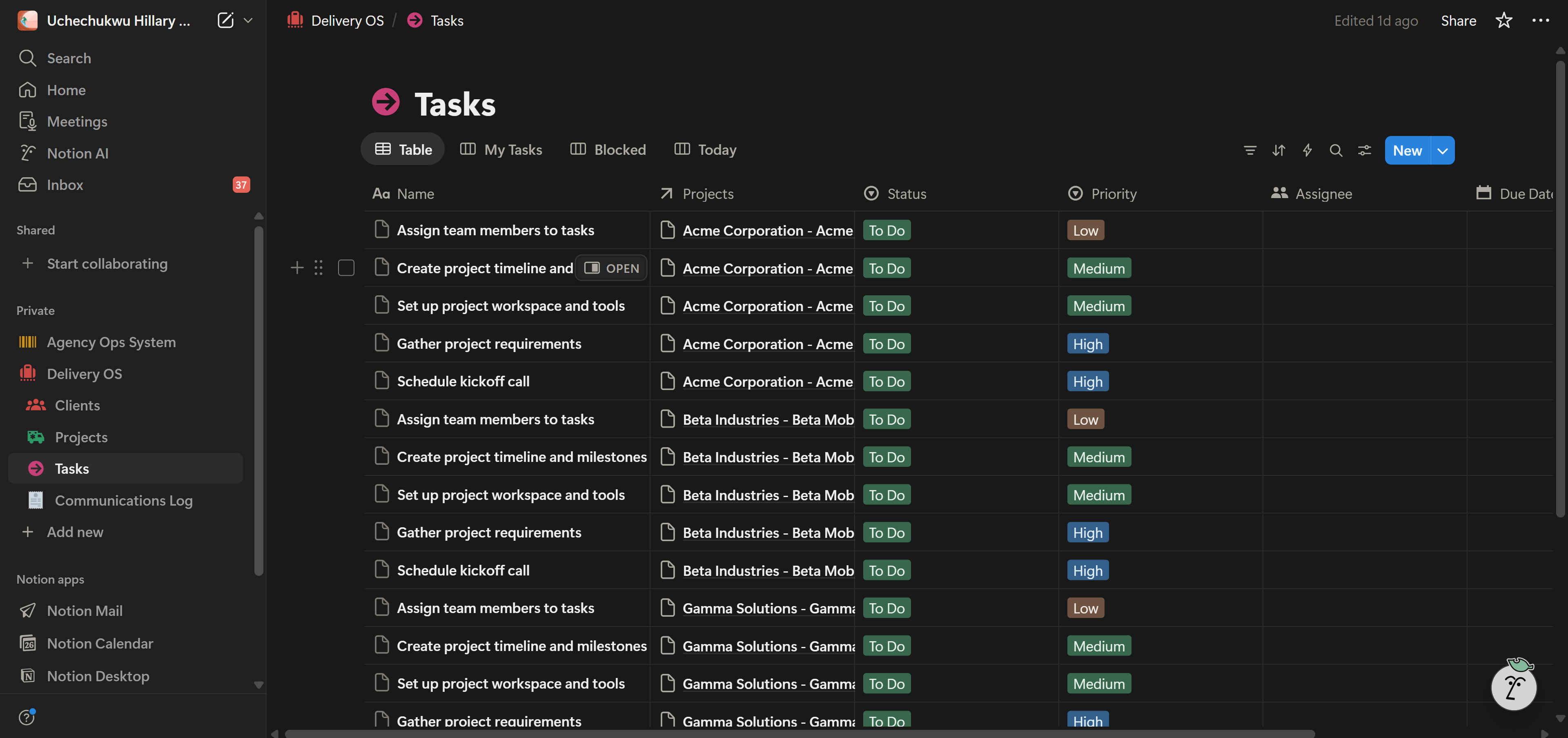 Notion Tasks database